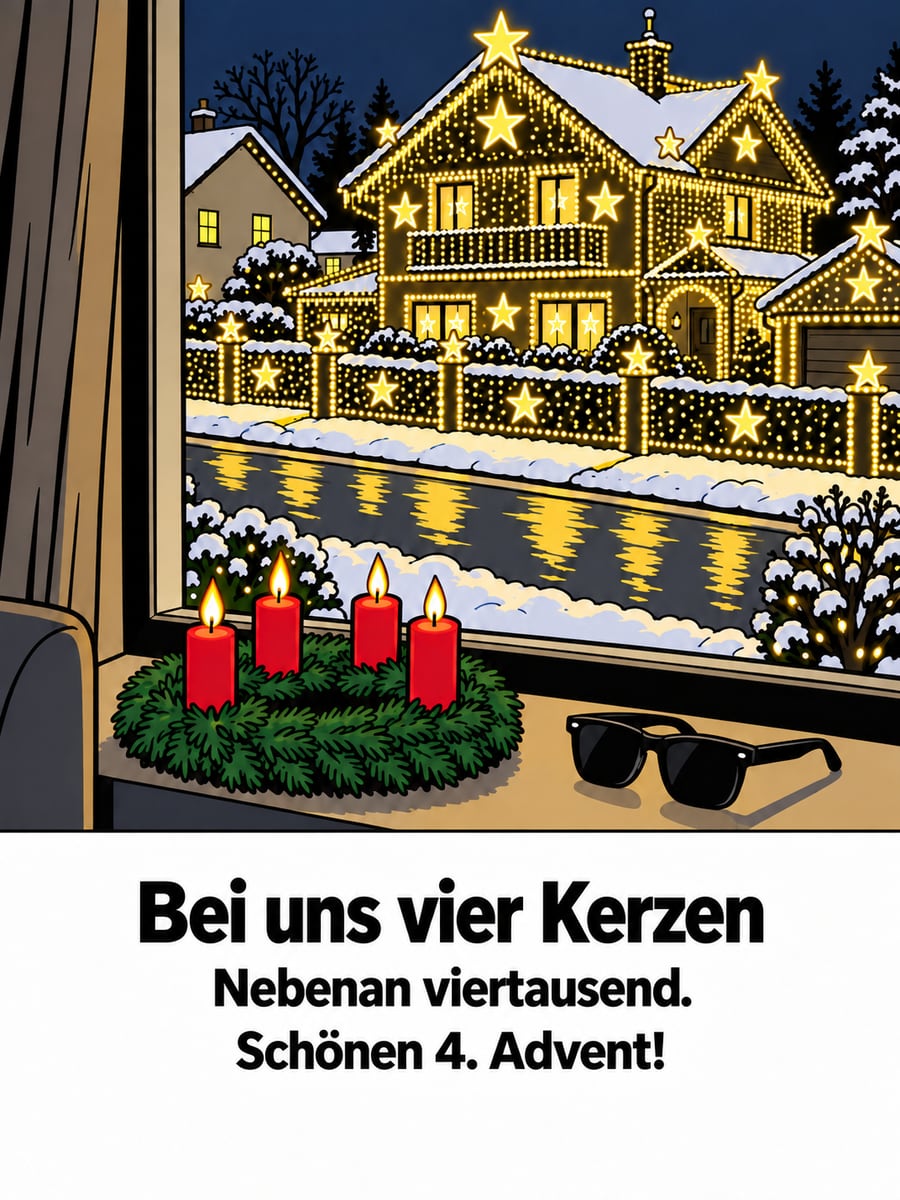 Bild zum 4. Advent mit dem Text „Bei uns vier Kerzen“ und „Nebenan viertausend. Schönen 4. Advent!“ – Motiv: Lichterketten, Nachbarn, Adventskranz, Kerze