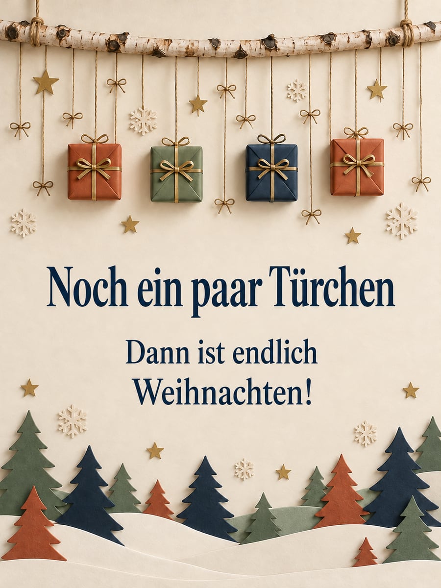 Bild zum 4. Advent mit dem Text „Noch ein paar Türchen“ und „Dann ist endlich Weihnachten!“ – Motiv: Adventskalender, Päckchen, Scherenschnitt