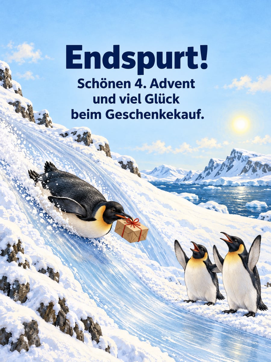 Bild zum 4. Advent mit dem Text „Endspurt!“ und „Schönen 4. Advent und viel Glück beim Geschenkekauf.“ – Motiv: Pinguin, Geschenk, Eisrutsche