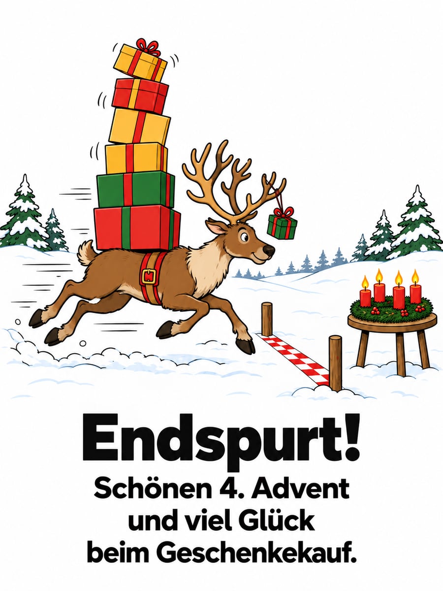 Bild zum 4. Advent mit dem Text „Endspurt!“ und „Schönen 4. Advent und viel Glück beim Geschenkekauf.“ – Motiv: Rentier, Geschenke, Adventskranz