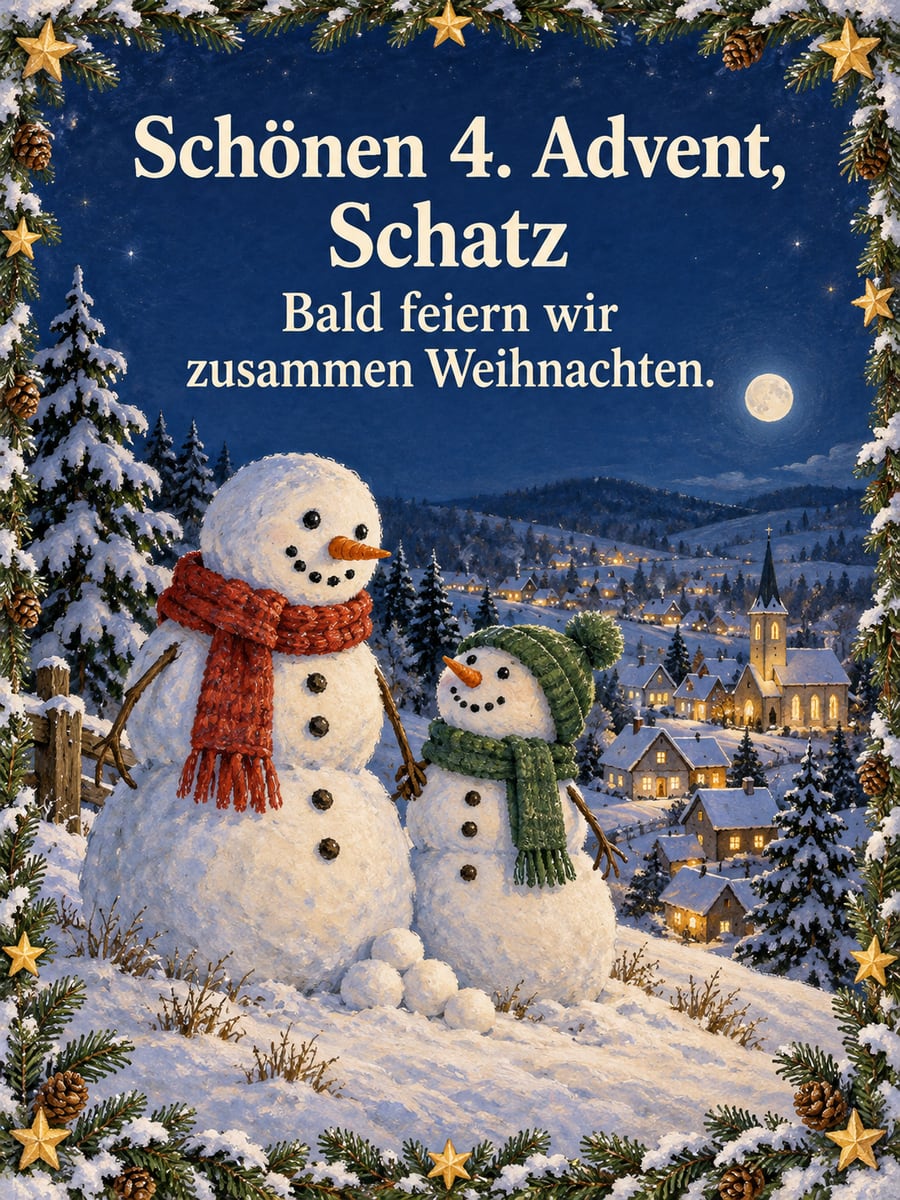 Bild zum 4. Advent mit dem Text „Schönen 4. Advent, Schatz“ und „Bald feiern wir zusammen Weihnachten.“ – Motiv: Schneemann, Paar, Winternacht