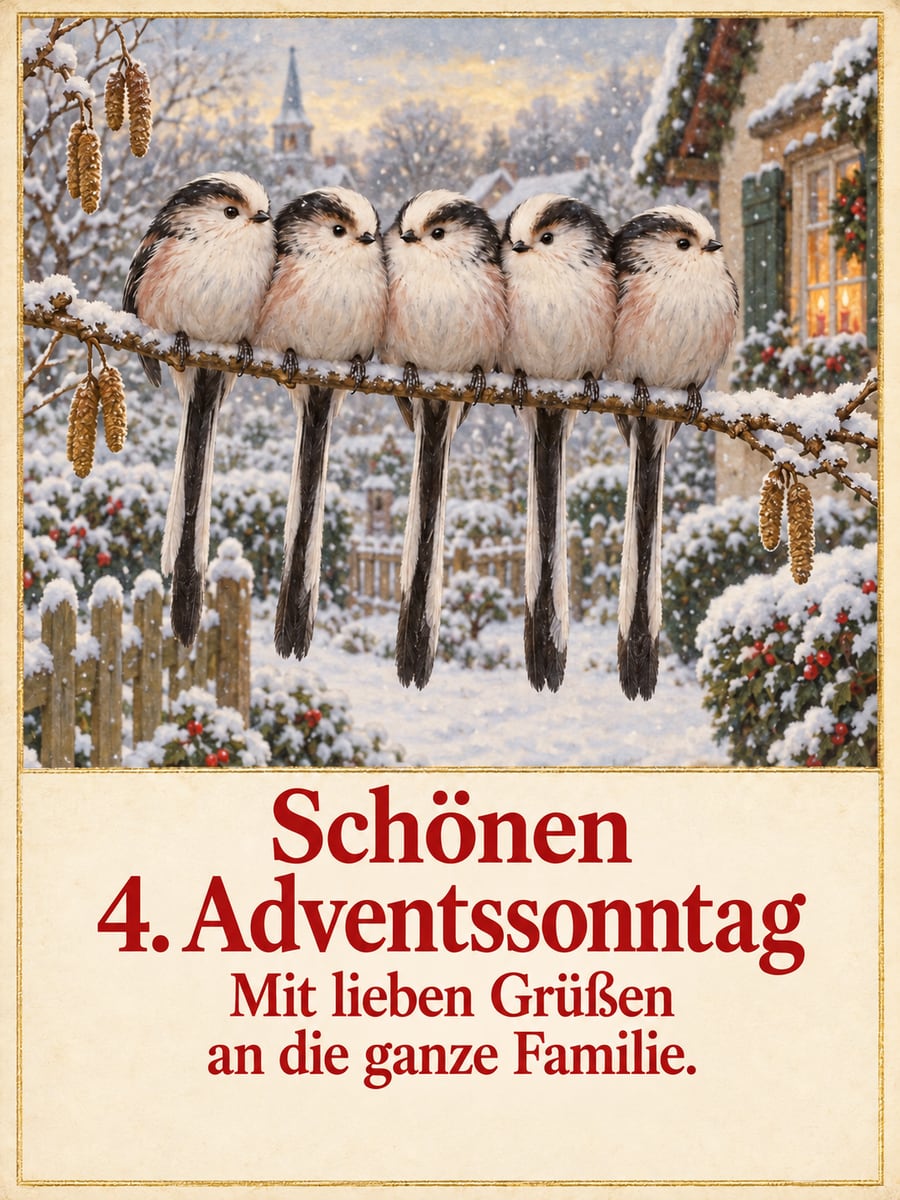 Bild zum 4. Advent mit dem Text „Schönen 4. Adventssonntag“ und „Mit lieben Grüßen an die ganze Familie.“ – Motiv: Schwanzmeisen, Vögel, Winter, Postkarte