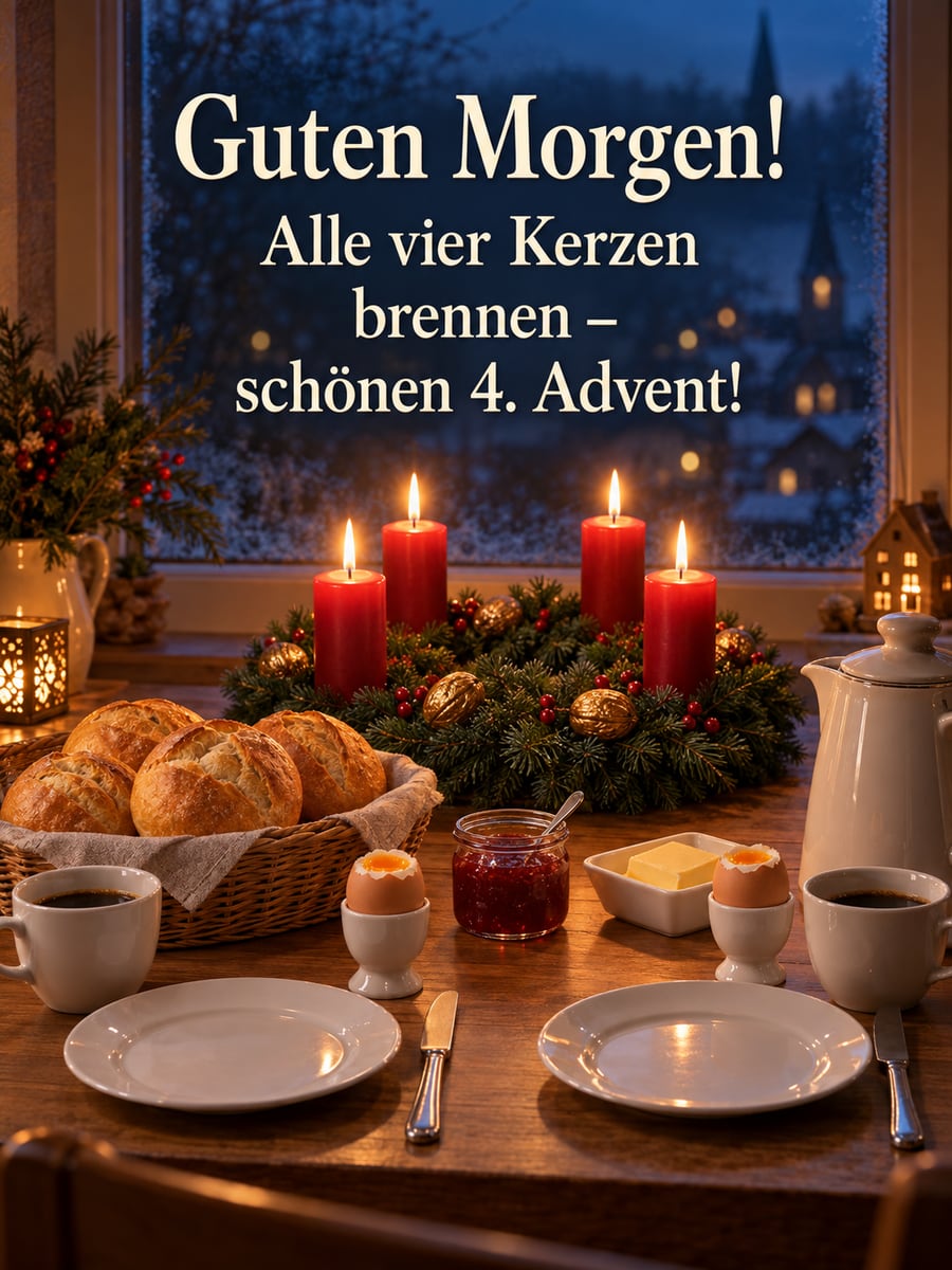 Bild zum 4. Advent mit dem Text „Guten Morgen!“ und „Alle vier Kerzen brennen – schönen 4. Advent!“ – Motiv: Sonntagsfrühstück, Brötchen, Frühstücksei, Kaffee, Adventskranz