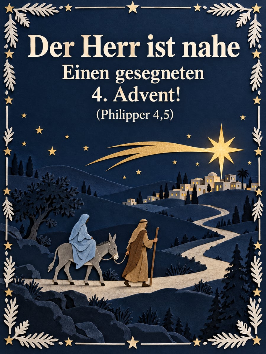 Bild zum 4. Advent mit dem Text „Der Herr ist nahe“ und „Einen gesegneten 4. Advent! (Philipper 4,5)“ – Motiv: Maria und Josef, Esel, Stern, Scherenschnitt
