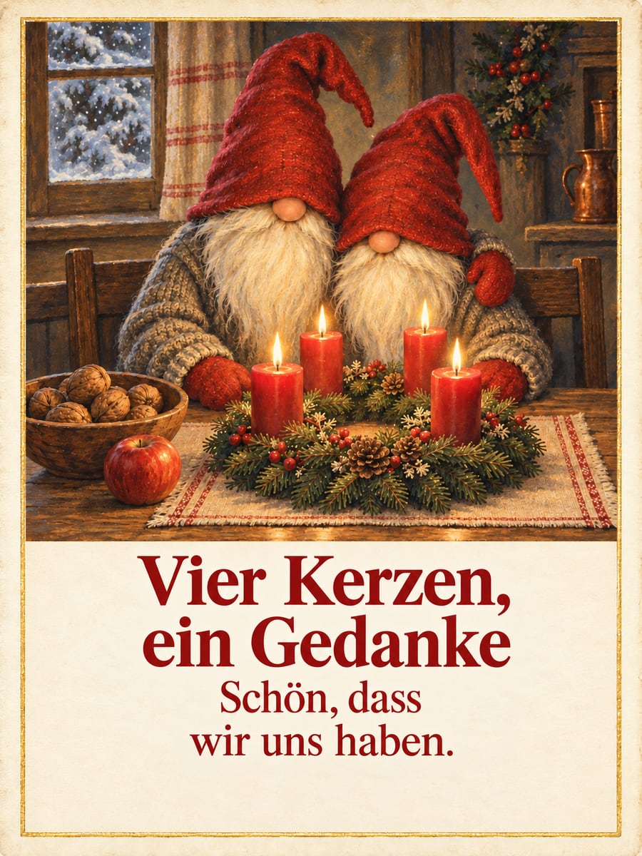 Bild zum 4. Advent mit dem Text „Vier Kerzen, ein Gedanke“ und „Schön, dass wir uns haben.“ – Motiv: Wichtel, Adventskranz, Walnüsse, Bauernstube