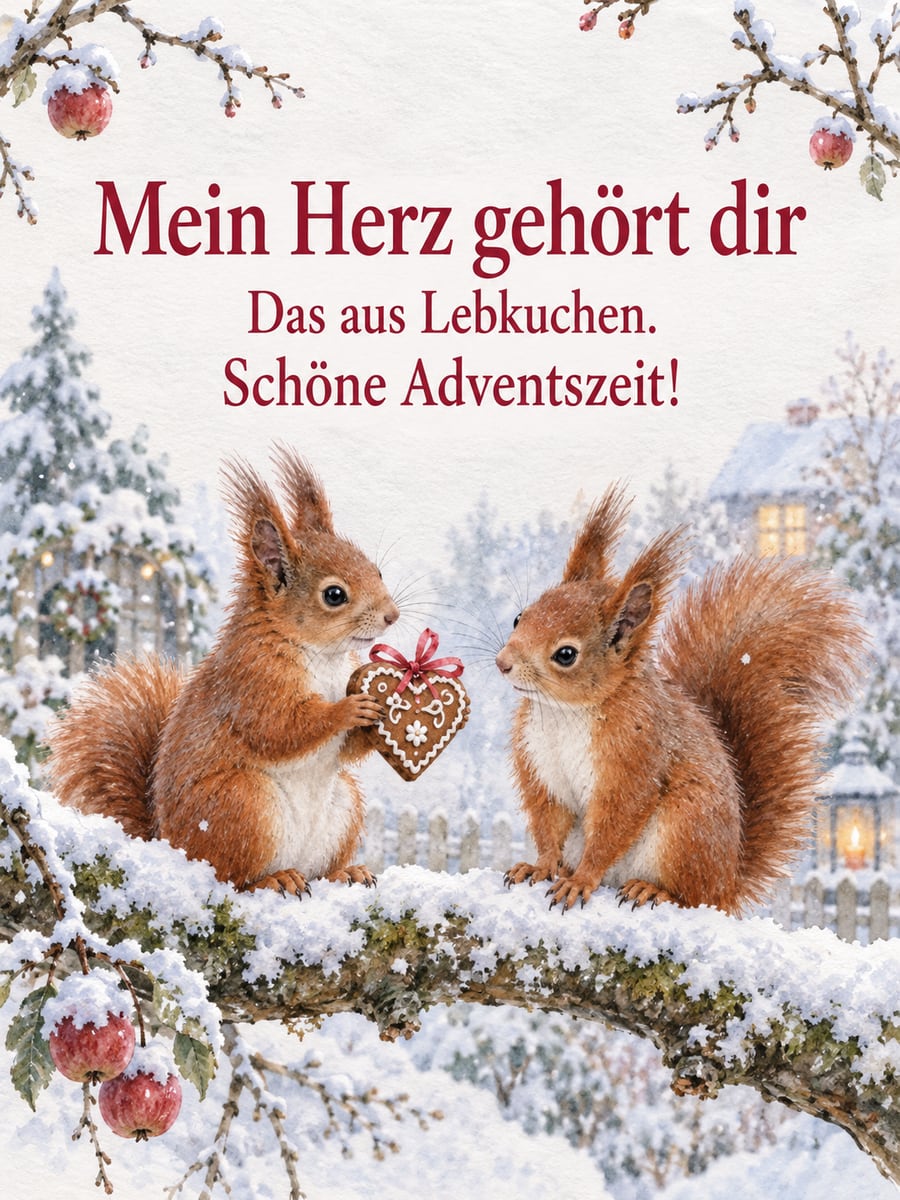 Bild zur Adventszeit mit dem Text „Mein Herz gehört dir“ und „Das aus Lebkuchen. Schöne Adventszeit!“ – Motiv: Eichhörnchen, Lebkuchenherz, Liebe, Schnee