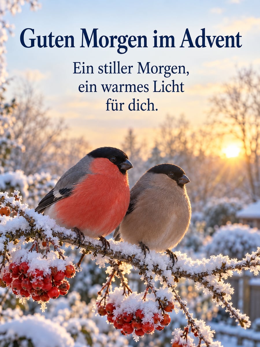 Bild zur Adventszeit mit dem Text „Guten Morgen im Advent“ und „Ein stiller Morgen, ein warmes Licht für dich.“ – Motiv: Gimpel, Vögel im Winter, Schnee, Vogelbeeren