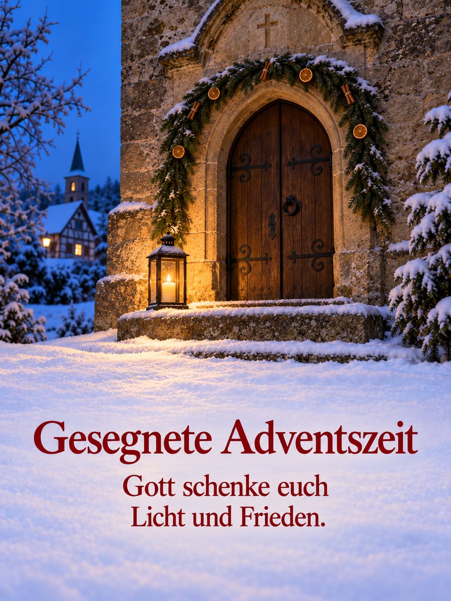 Bild zur Adventszeit mit dem Text „Gesegnete Adventszeit“ und „Gott schenke euch Licht und Frieden.“ – Motiv: Laterne, Kirchentür, Kerze, Schnee
