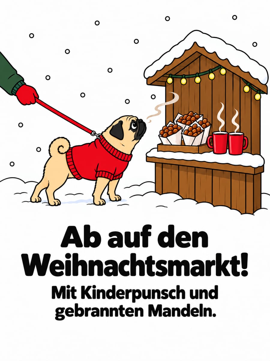 Bild zur Adventszeit mit dem Text „Ab auf den Weihnachtsmarkt!“ und „Mit Kinderpunsch und gebrannten Mandeln.“ – Motiv: Mops, Weihnachtsmarkt, gebrannte Mandeln, Kinderpunsch