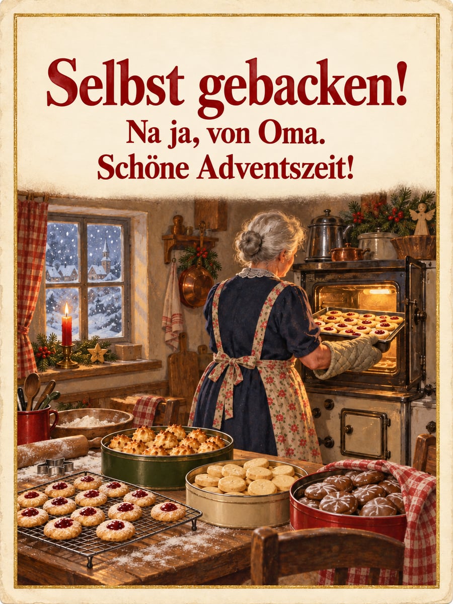 Bild zur Adventszeit mit dem Text „Selbst gebacken!“ und „Na ja, von Oma. Schöne Adventszeit!“ – Motiv: Oma, Plätzchen, Backen, Küche