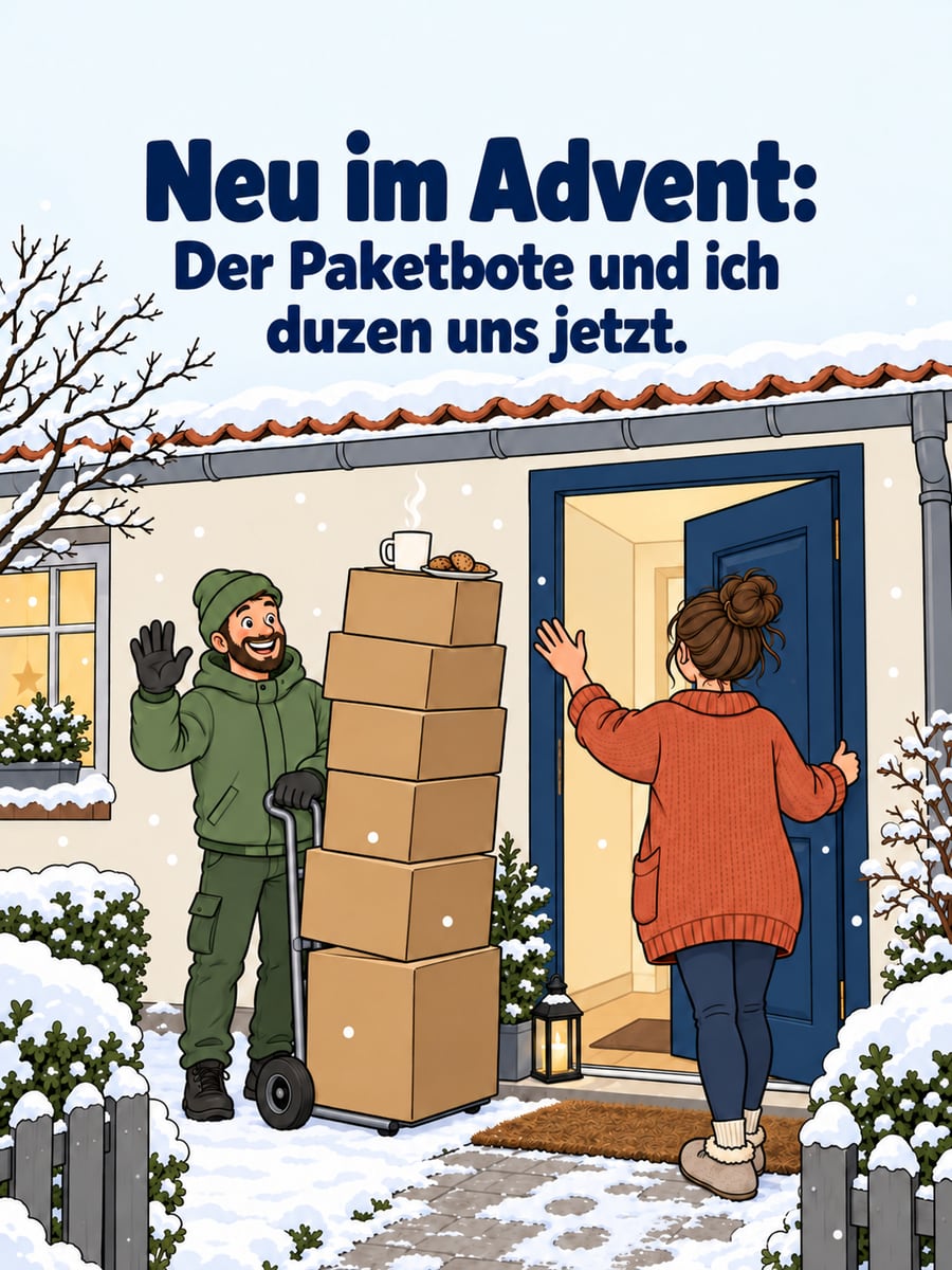 Bild zur Adventszeit mit dem Text „Neu im Advent:“ und „Der Paketbote und ich duzen uns jetzt.“ – Motiv: Paketbote, Pakete, Haustür, Advent