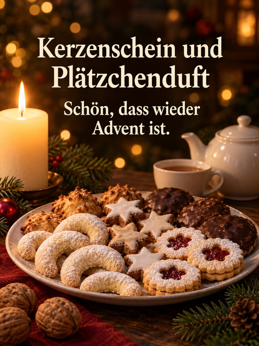 Bild zur Adventszeit mit dem Text „Kerzenschein und Plätzchenduft“ und „Schön, dass wieder Advent ist.“ – Motiv: Plätzchen, Zimtsterne, Vanillekipferl, Kerze