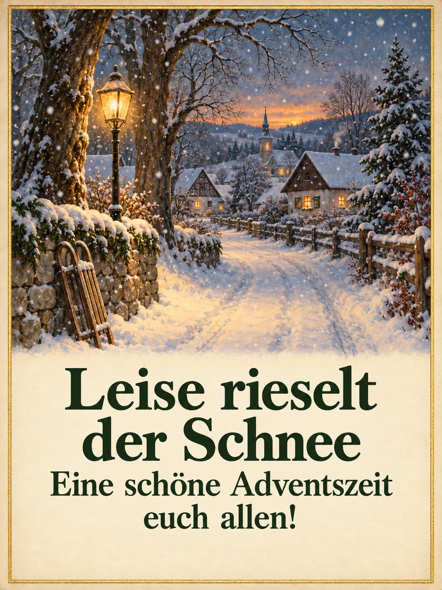 Bild zur Adventszeit mit dem Text „Leise rieselt der Schnee“ und „Eine schöne Adventszeit euch allen!“ – Motiv: Schnee, Dorfweg, Laterne, Winterlandschaft
