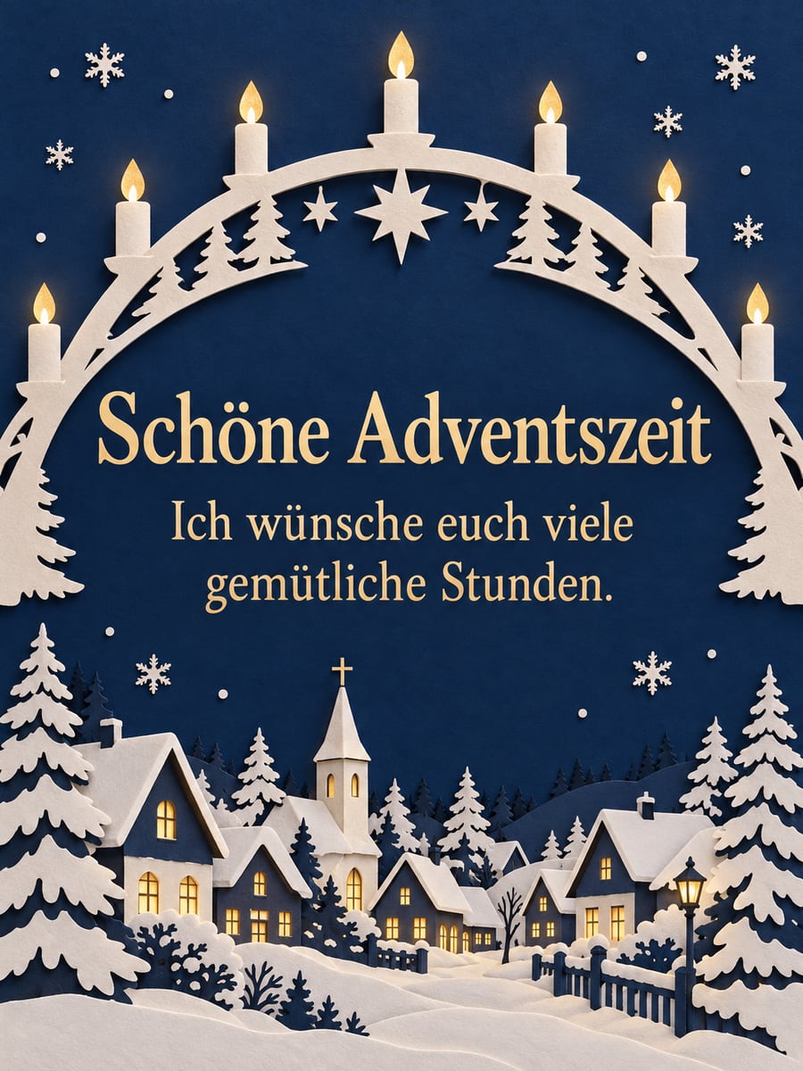 Bild zur Adventszeit mit dem Text „Schöne Adventszeit“ und „Ich wünsche euch viele gemütliche Stunden.“ – Motiv: Schwibbogen, Erzgebirge, Kerzen, Dorf