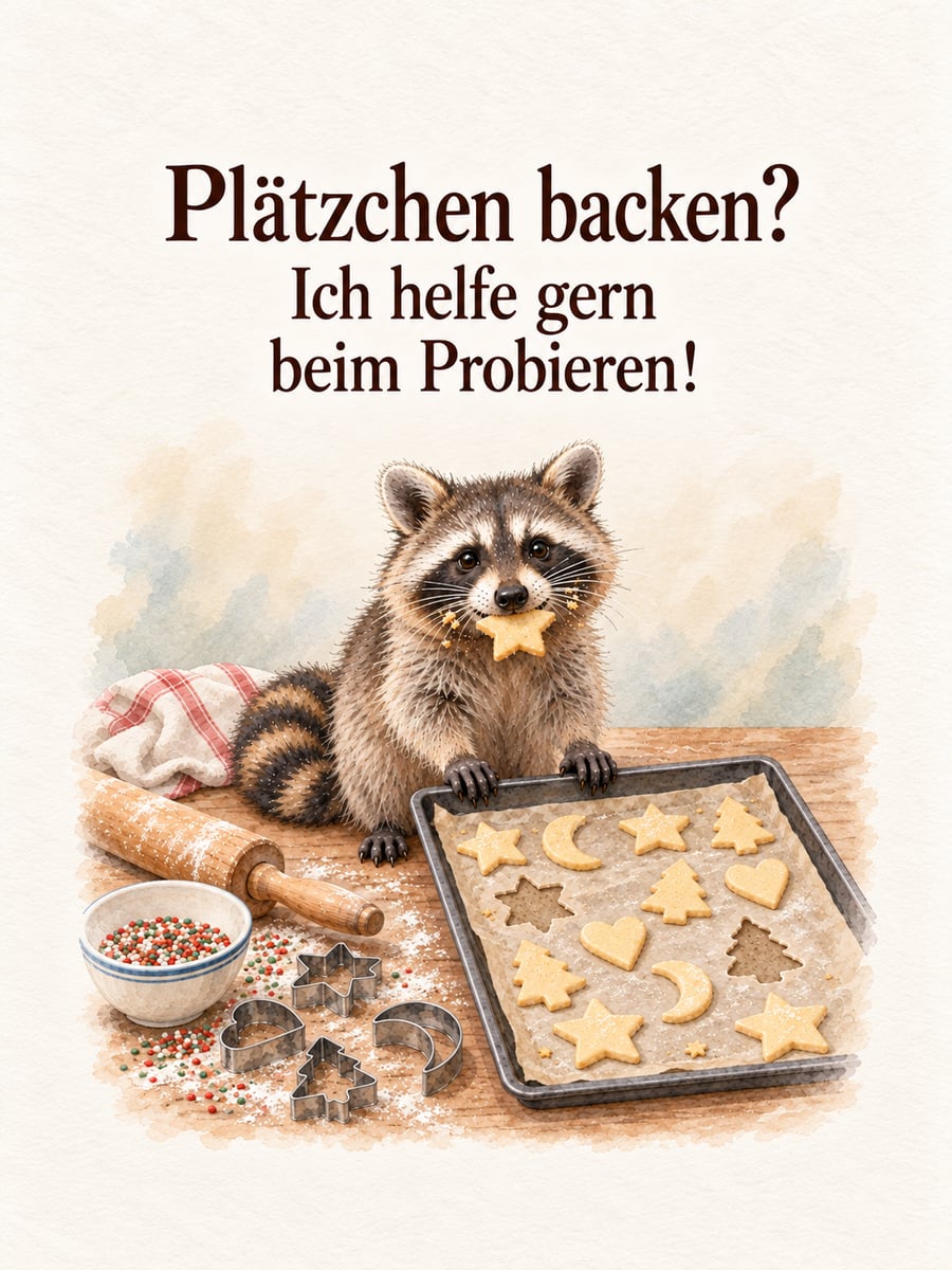 Bild zur Adventszeit mit dem Text „Plätzchen backen?“ und „Ich helfe gern beim Probieren!“ – Motiv: Waschbär, Plätzchen, Backen, Ausstecher