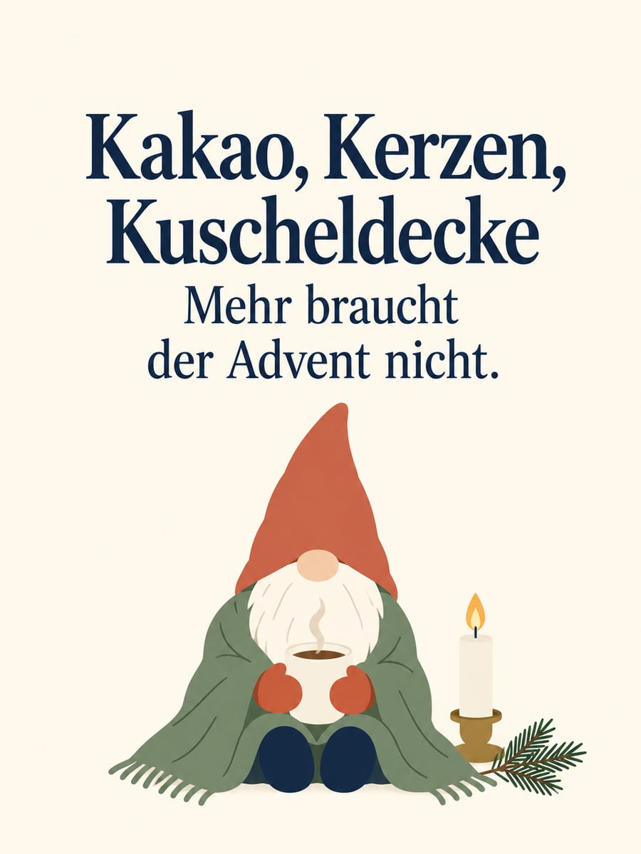 Bild zur Adventszeit mit dem Text „Kakao, Kerzen, Kuscheldecke“ und „Mehr braucht der Advent nicht.“ – Motiv: Wichtel, Kakao, Kerze, Kuscheldecke