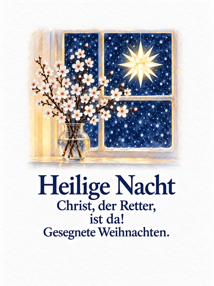 Bild zu Heiligabend mit dem Text „Heilige Nacht“ und „Christ, der Retter, ist da! Gesegnete Weihnachten.“ – Motiv: Barbarazweige, Kirschblüten, Herrnhuter Stern, Heiligabend