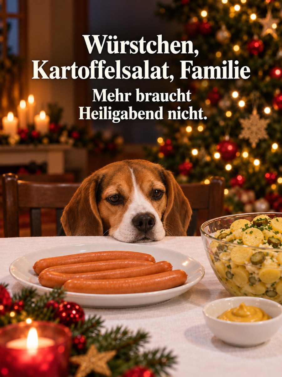 Bild zu Heiligabend mit dem Text „Würstchen, Kartoffelsalat, Familie“ und „Mehr braucht Heiligabend nicht.“ – Motiv: Hund, Beagle, Würstchen, Kartoffelsalat