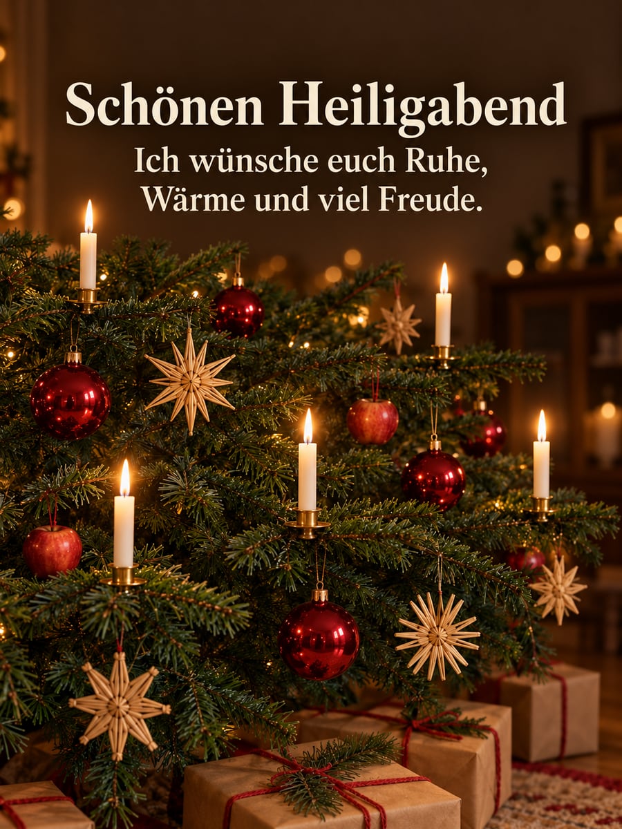 Bild zu Heiligabend mit dem Text „Schönen Heiligabend“ und „Ich wünsche euch Ruhe, Wärme und viel Freude.“ – Motiv: Christbaum, Strohsterne, Kerzen, Geschenke