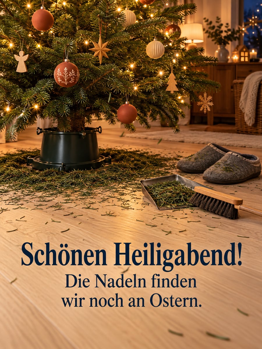 Bild zu Heiligabend mit dem Text „Schönen Heiligabend!“ und „Die Nadeln finden wir noch an Ostern.“ – Motiv: Christbaum, Tannennadeln, Nordmanntanne, Handfeger