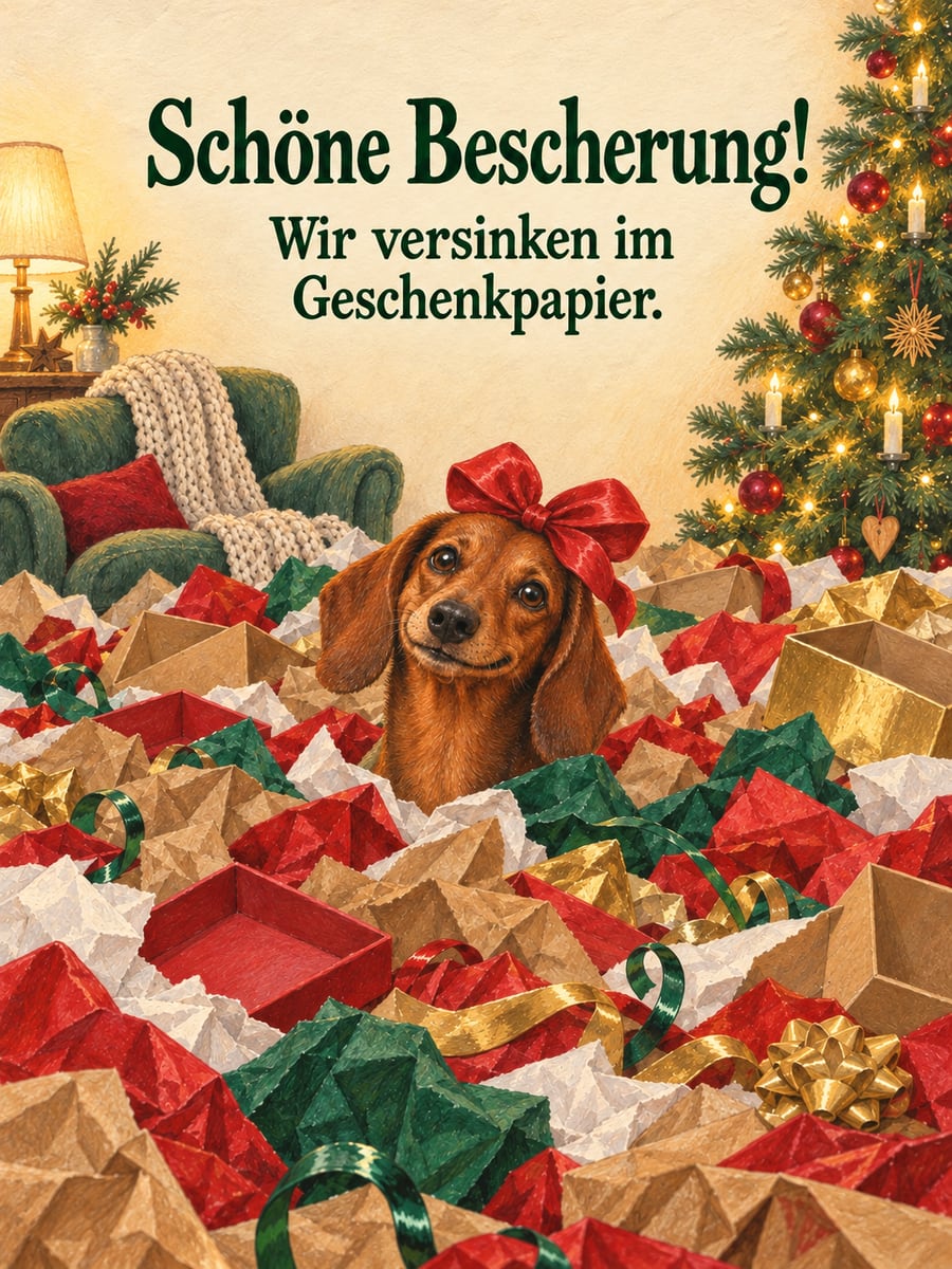 Bild zu Heiligabend mit dem Text „Schöne Bescherung!“ und „Wir versinken im Geschenkpapier.“ – Motiv: Dackel, Geschenkpapier, Bescherung, Christbaum