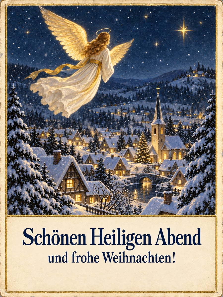 Bild zu Heiligabend mit dem Text „Schönen Heiligen Abend“ und „und frohe Weihnachten!“ – Motiv: Engel, Dorf, Kirche, Schnee
