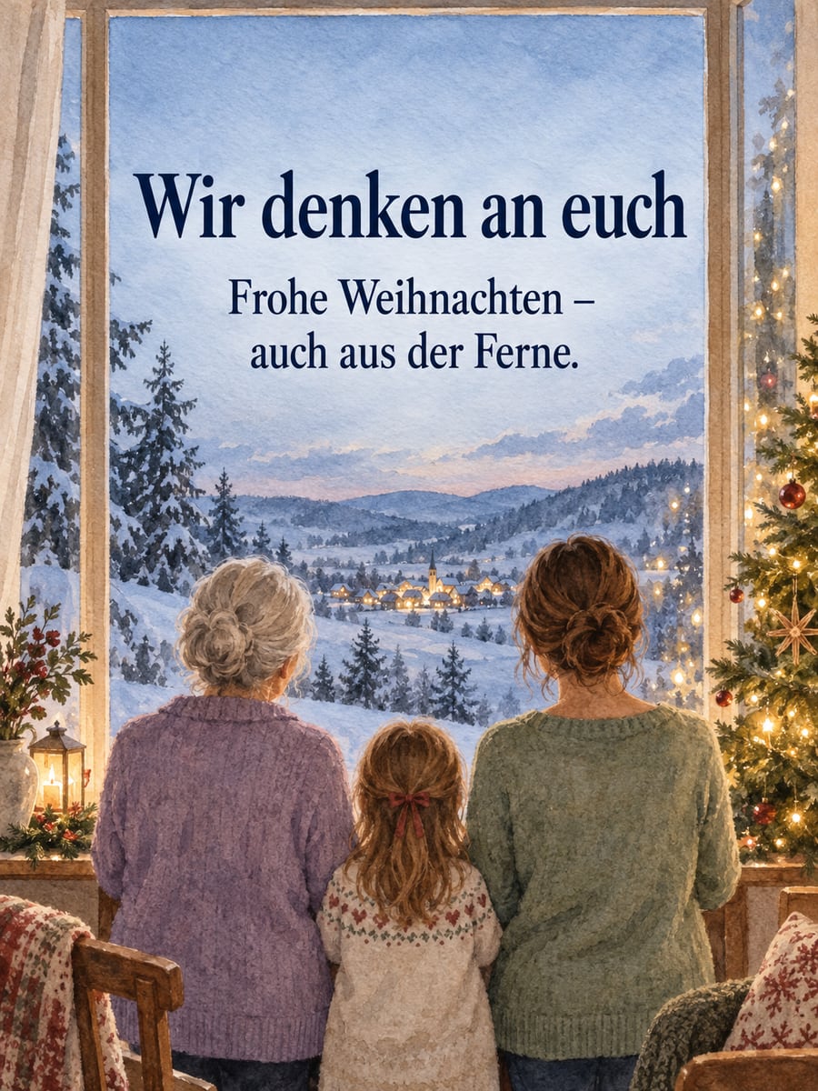 Bild zu Heiligabend mit dem Text „Wir denken an euch“ und „Frohe Weihnachten – auch aus der Ferne.“ – Motiv: Familie, Fenster, Schnee, Ferne