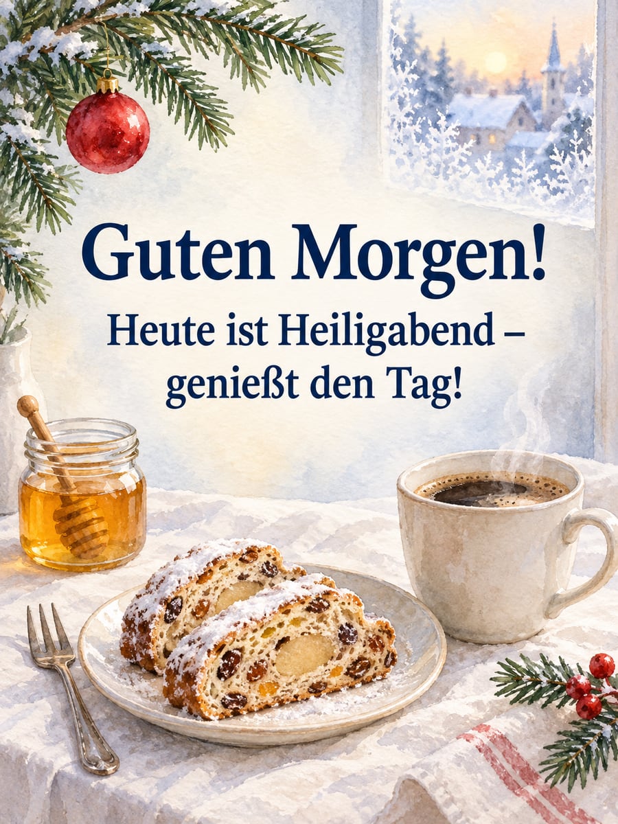 Bild zu Heiligabend mit dem Text „Guten Morgen!“ und „Heute ist Heiligabend – genießt den Tag!“ – Motiv: Stollen, Kaffee, Frühstück, Heiligabend