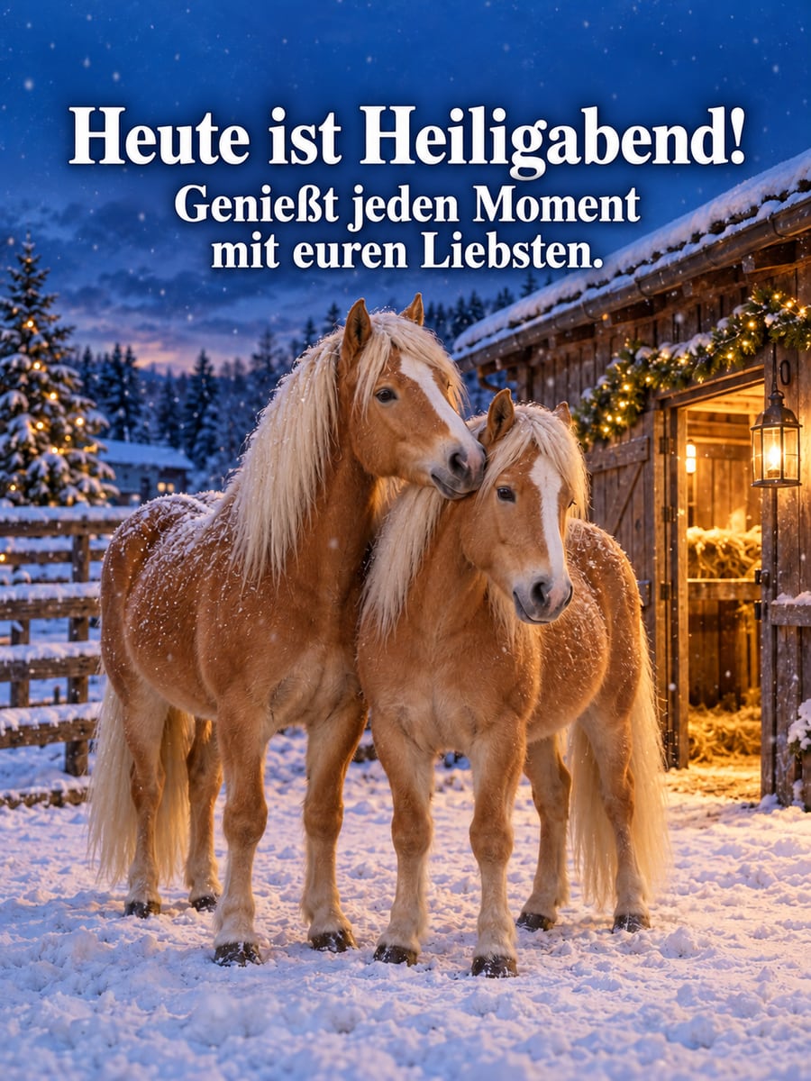Bild zu Heiligabend mit dem Text „Heute ist Heiligabend!“ und „Genießt jeden Moment mit euren Liebsten.“ – Motiv: Pferde, Haflinger, Stall, Schnee