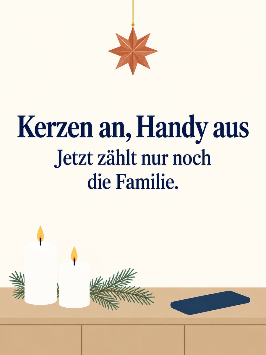 Bild zu Heiligabend mit dem Text „Kerzen an, Handy aus“ und „Jetzt zählt nur noch die Familie.“ – Motiv: Kerzen, Handy, Familie, Stern