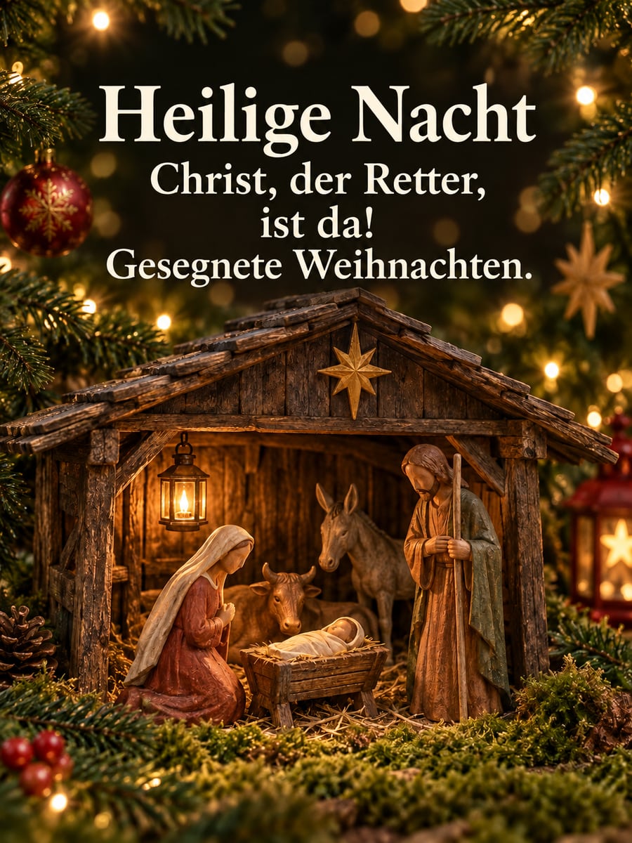 Bild zu Heiligabend mit dem Text „Heilige Nacht“ und „Christ, der Retter, ist da! Gesegnete Weihnachten.“ – Motiv: Krippe, Holzfiguren, Ochs und Esel, Christbaum