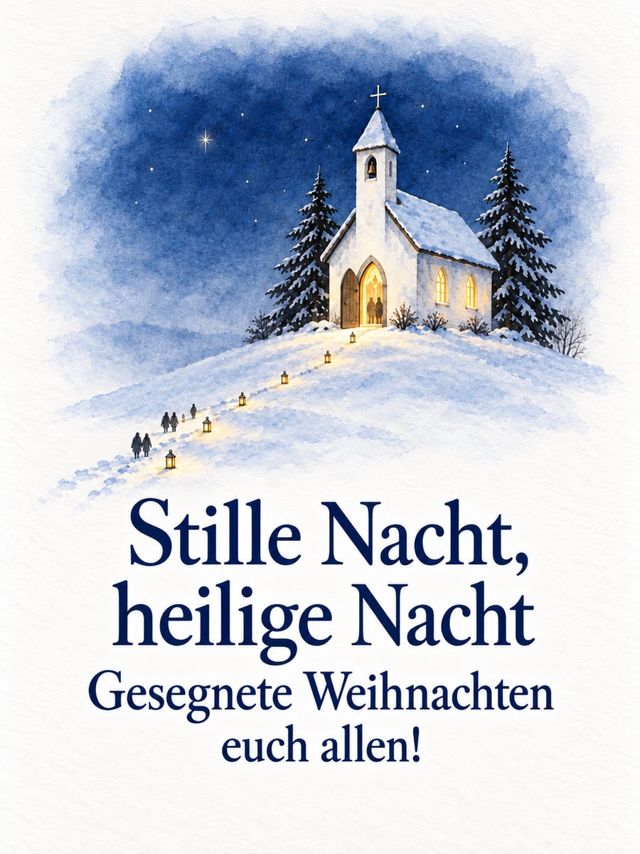 Bild zu Heiligabend mit dem Text „Stille Nacht, heilige Nacht“ und „Gesegnete Weihnachten euch allen!“ – Motiv: Kapelle, Christmette, Schnee, Laternen