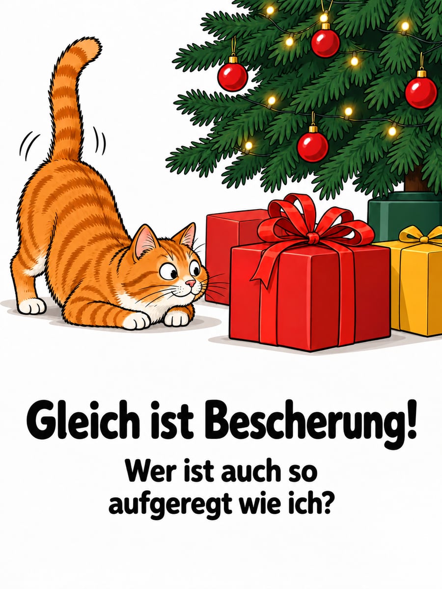 Bild zu Heiligabend mit dem Text „Gleich ist Bescherung!“ und „Wer ist auch so aufgeregt wie ich?“ – Motiv: Katze, Geschenke, Christbaum, Bescherung