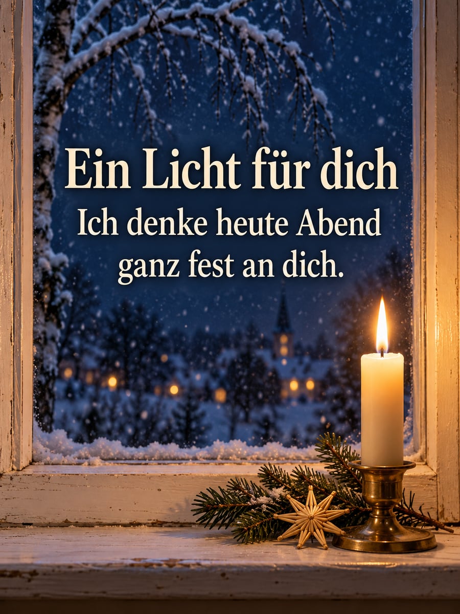 Bild zu Heiligabend mit dem Text „Ein Licht für dich“ und „Ich denke heute Abend ganz fest an dich.“ – Motiv: Kerze, Fenster, Schnee, Strohstern