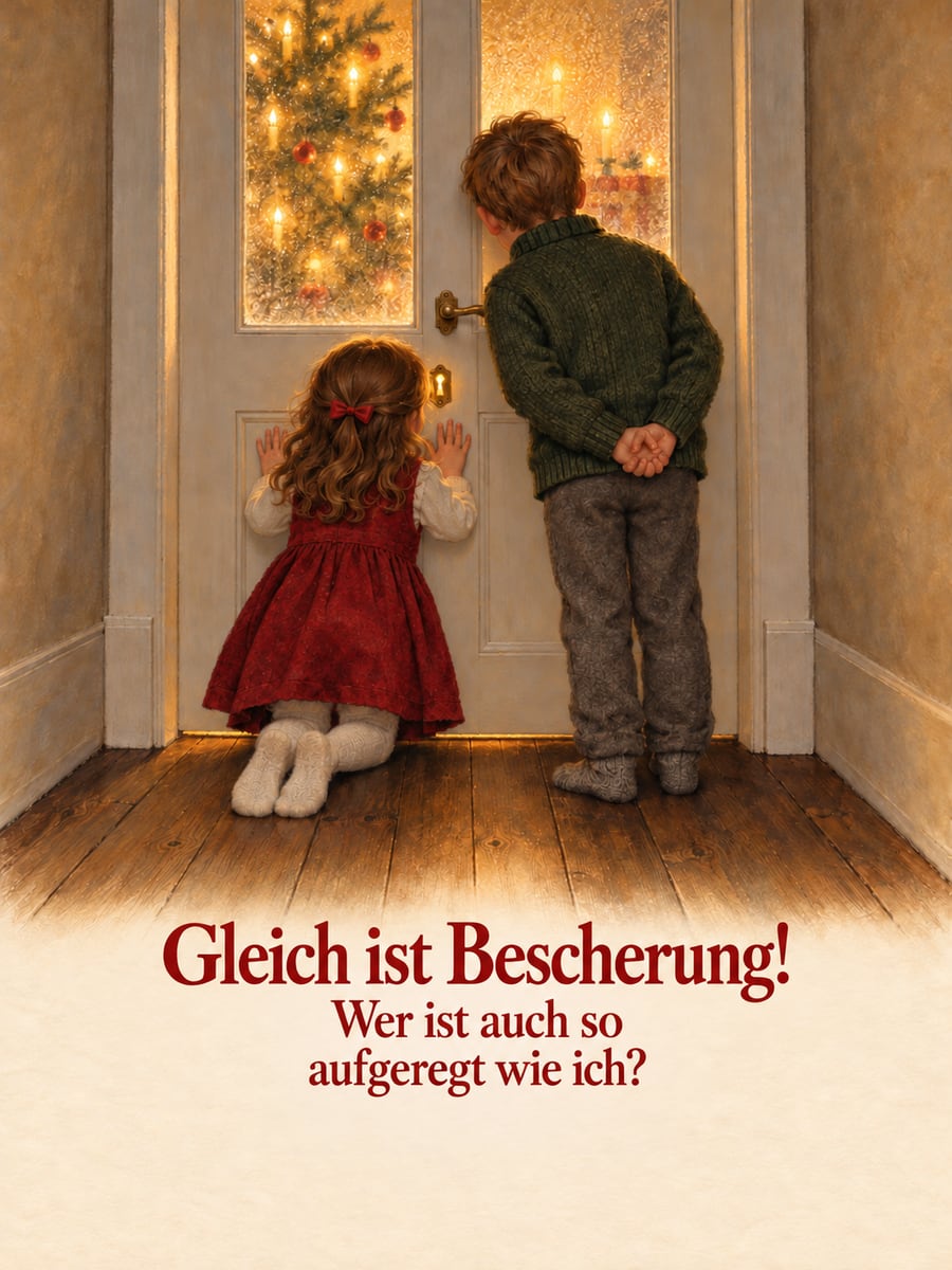 Bild zu Heiligabend mit dem Text „Gleich ist Bescherung!“ und „Wer ist auch so aufgeregt wie ich?“ – Motiv: Kinder, Wohnzimmertür, Bescherung, Vorfreude