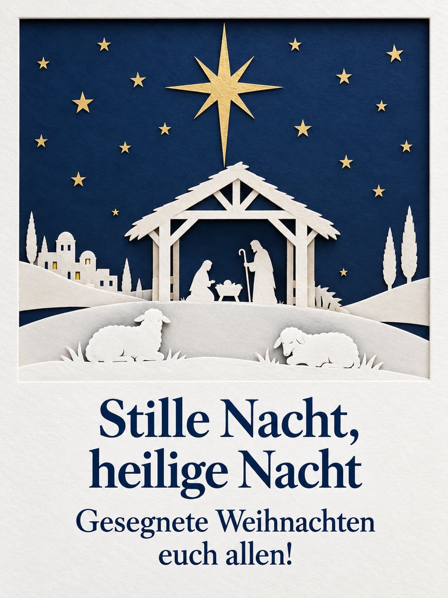 Bild zu Heiligabend mit dem Text „Stille Nacht, heilige Nacht“ und „Gesegnete Weihnachten euch allen!“ – Motiv: Krippe, Stern von Bethlehem, Schafe, Stall