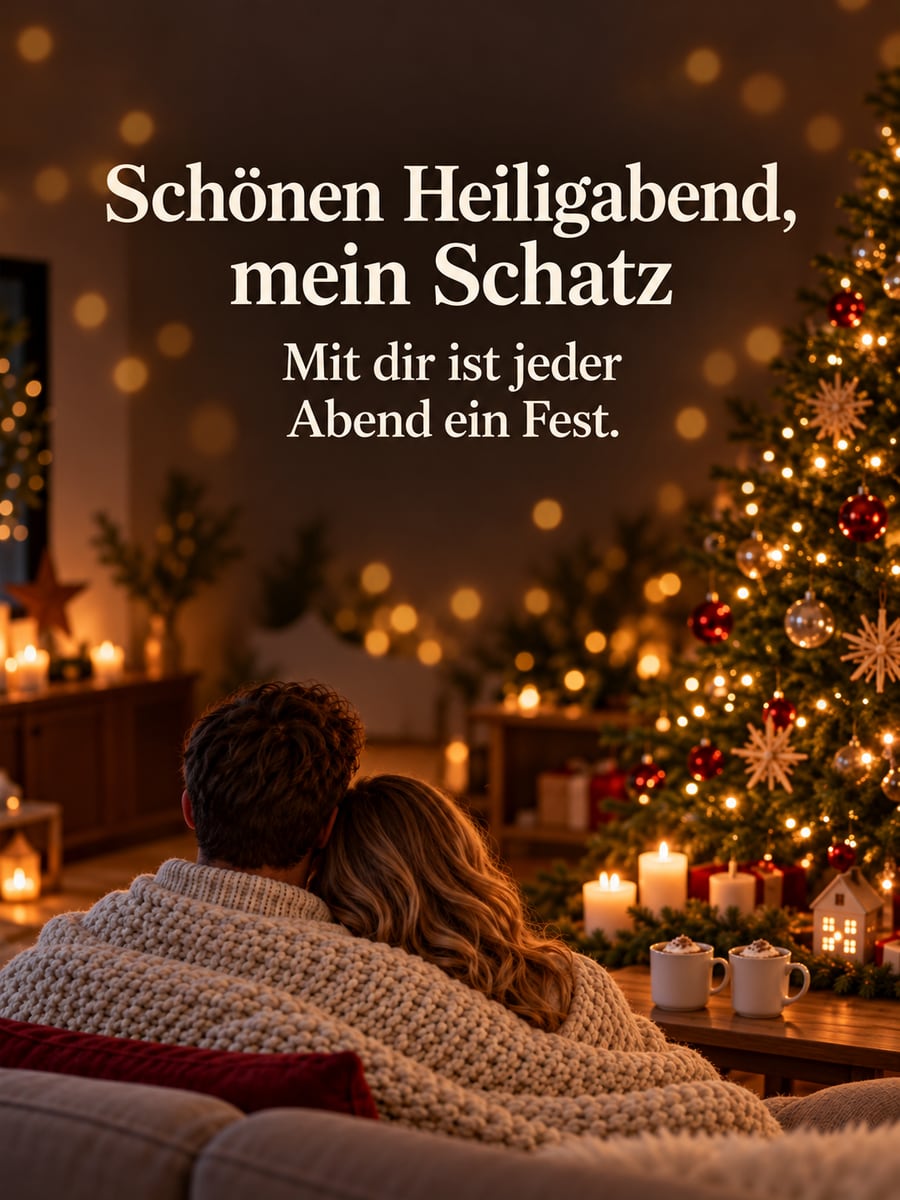 Bild zu Heiligabend mit dem Text „Schönen Heiligabend, mein Schatz“ und „Mit dir ist jeder Abend ein Fest.“ – Motiv: Paar, Christbaum, Kuscheldecke, Kakao