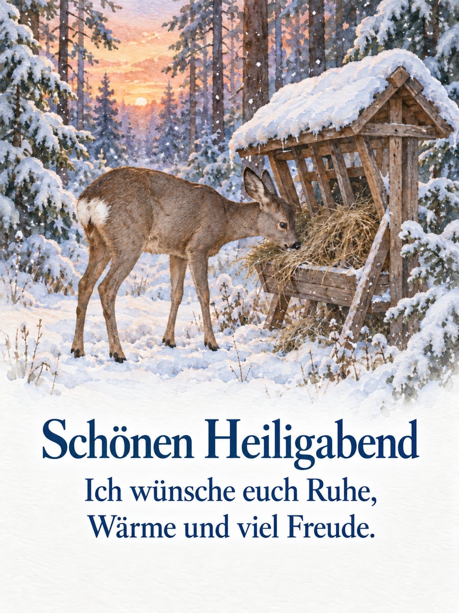 Bild zu Heiligabend mit dem Text „Schönen Heiligabend“ und „Ich wünsche euch Ruhe, Wärme und viel Freude.“ – Motiv: Reh, Winterwald, Futterraufe, Schnee