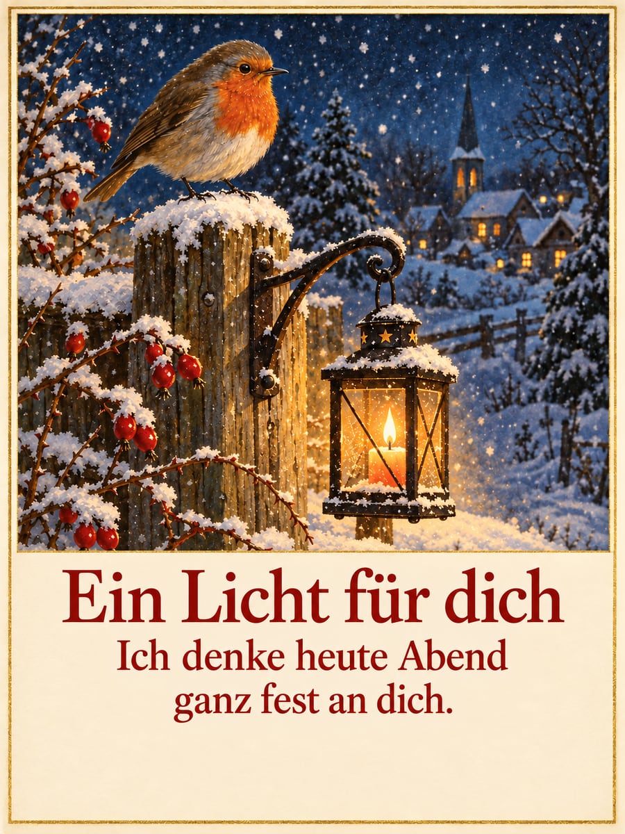 Bild zu Heiligabend mit dem Text „Ein Licht für dich“ und „Ich denke heute Abend ganz fest an dich.“ – Motiv: Rotkehlchen, Laterne, Schnee, Hagebutten