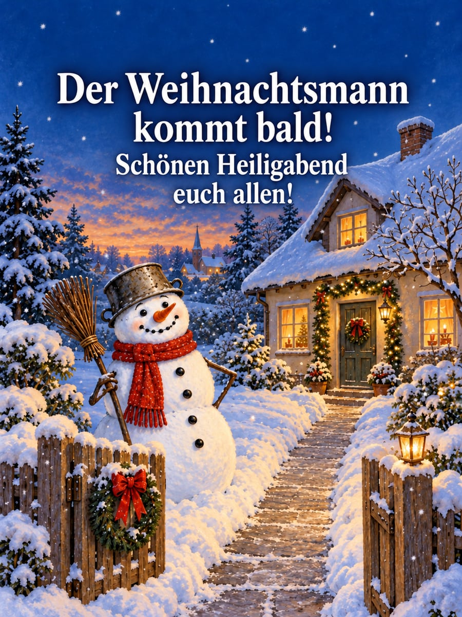 Bild zu Heiligabend mit dem Text „Der Weihnachtsmann kommt bald!“ und „Schönen Heiligabend euch allen!“ – Motiv: Schneemann, Haus, Schnee, Besen