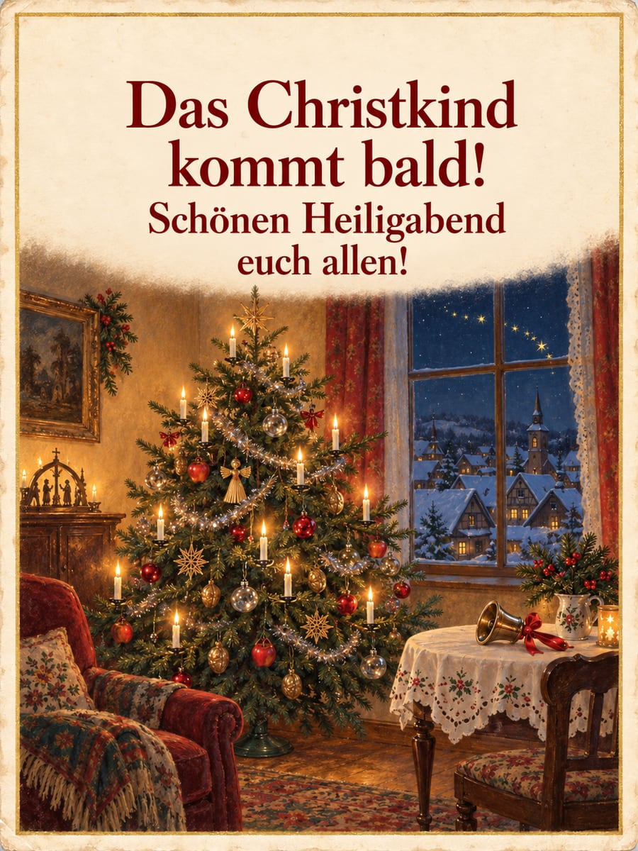 Bild zu Heiligabend mit dem Text „Das Christkind kommt bald!“ und „Schönen Heiligabend euch allen!“ – Motiv: Christbaum, Glöckchen, Kerzen, Sterne