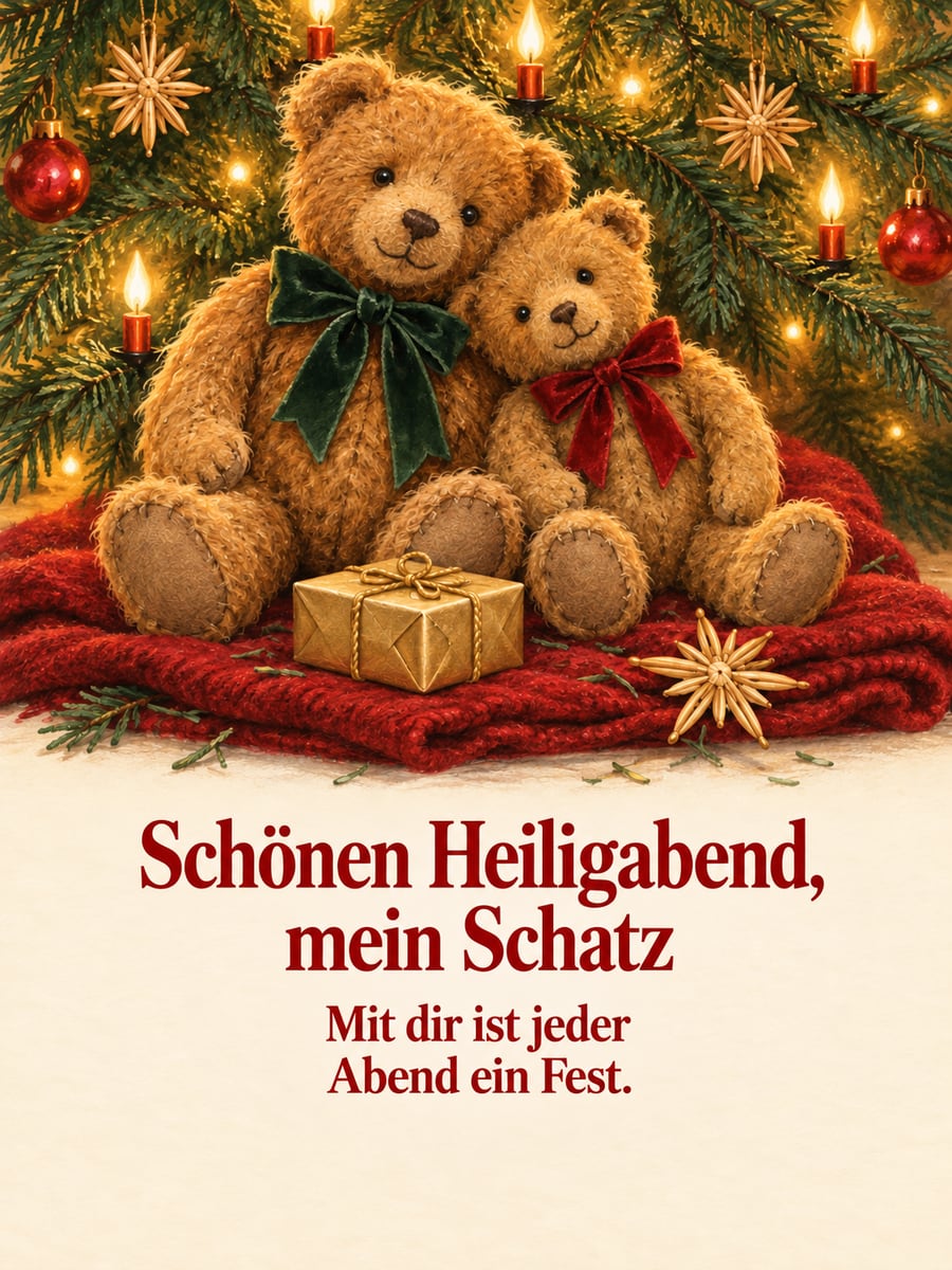 Bild zu Heiligabend mit dem Text „Schönen Heiligabend, mein Schatz“ und „Mit dir ist jeder Abend ein Fest.“ – Motiv: Teddybär, Christbaum, Geschenk, Paar