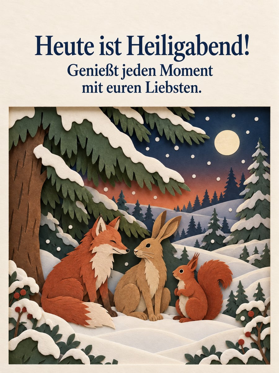 Bild zu Heiligabend mit dem Text „Heute ist Heiligabend!“ und „Genießt jeden Moment mit euren Liebsten.“ – Motiv: Fuchs, Hase, Eichhörnchen, Tanne