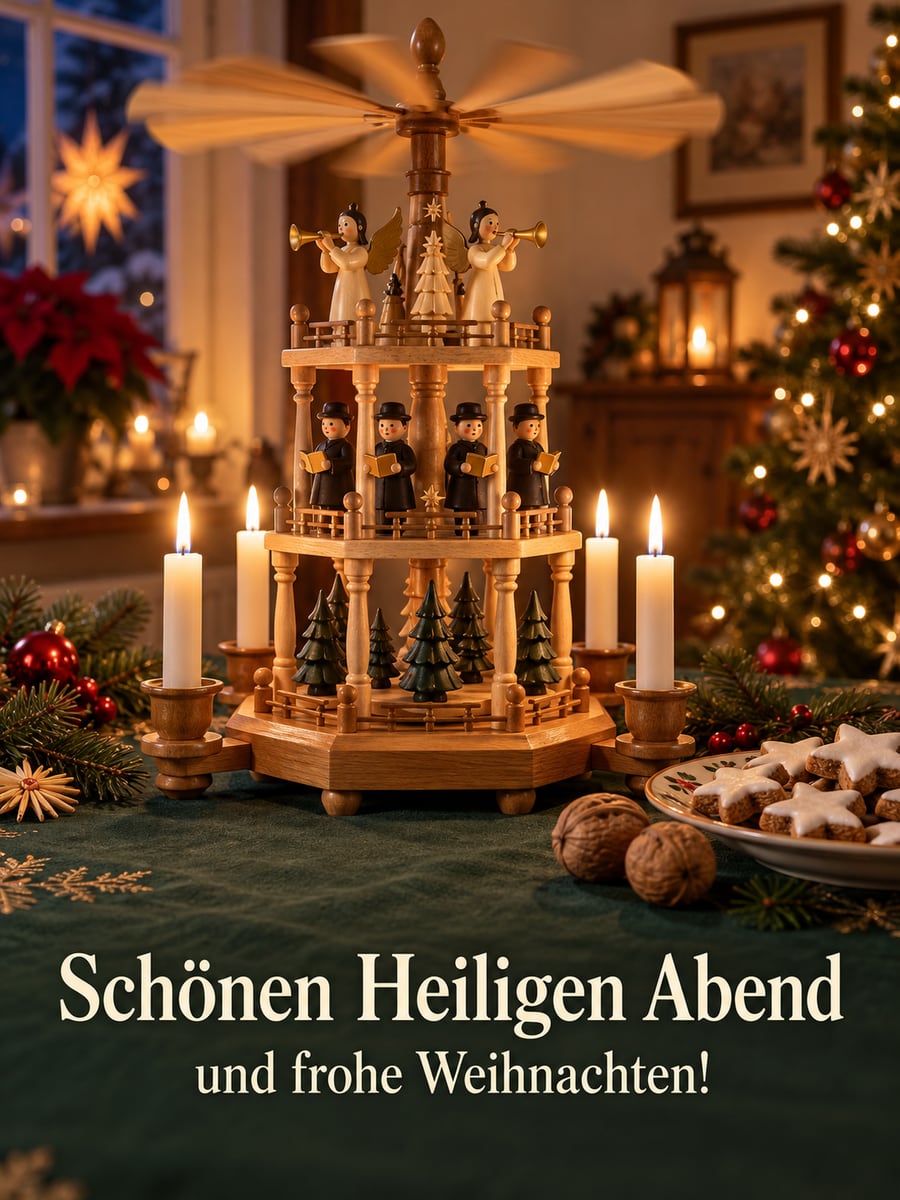 Bild zu Heiligabend mit dem Text „Schönen Heiligen Abend“ und „und frohe Weihnachten!“ – Motiv: Weihnachtspyramide, Erzgebirge, Holzfiguren, Kerzen
