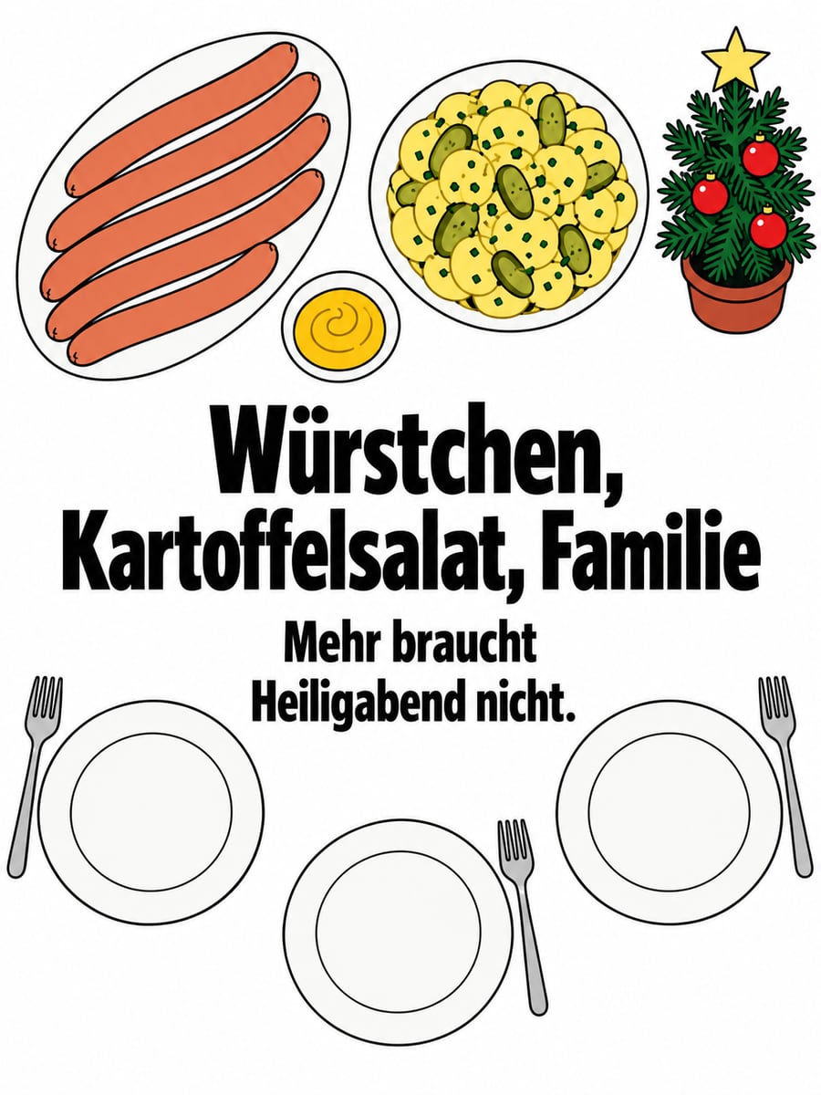 Bild zu Heiligabend mit dem Text „Würstchen, Kartoffelsalat, Familie“ und „Mehr braucht Heiligabend nicht.“ – Motiv: Würstchen, Kartoffelsalat, Heiligabend, Tannenbaum