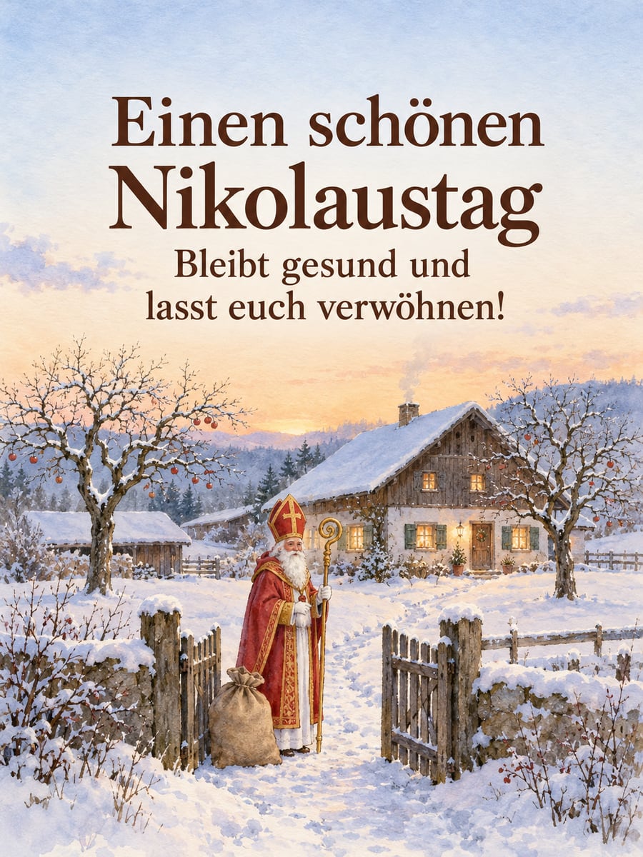 Bild zum Nikolaustag mit dem Text „Einen schönen Nikolaustag“ und „Bleibt gesund und lasst euch verwöhnen!“ – Motiv: Nikolaus, Bischof, Bauernhof, Schnee