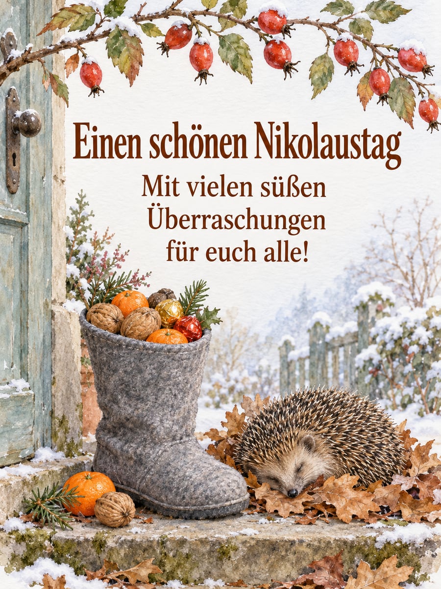 Bild zum Nikolaustag mit dem Text „Einen schönen Nikolaustag“ und „Mit vielen süßen Überraschungen für euch alle!“ – Motiv: Igel, Filzstiefel, Hagebutten, Herbstlaub
