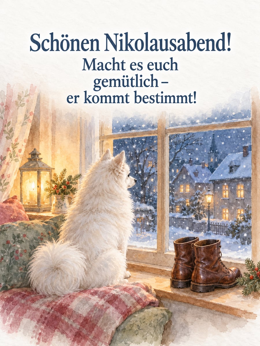 Bild zum Nikolaustag mit dem Text „Schönen Nikolausabend!“ und „Macht es euch gemütlich – er kommt bestimmt!“ – Motiv: Hund, Spitz, Nikolausstiefel, Fenster