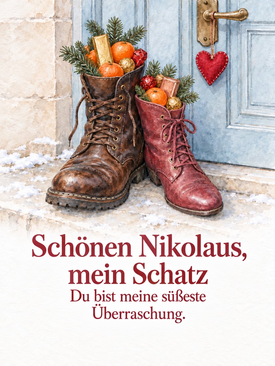 Bild zum Nikolaustag mit dem Text „Schönen Nikolaus, mein Schatz“ und „Du bist meine süßeste Überraschung.“ – Motiv: Nikolausstiefel, Herz, Paar, Haustür