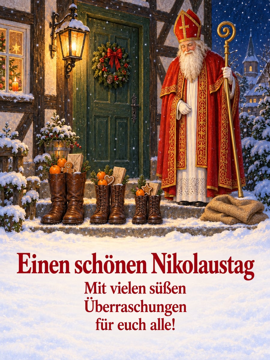 Bild zum Nikolaustag mit dem Text „Einen schönen Nikolaustag“ und „Mit vielen süßen Überraschungen für euch alle!“ – Motiv: Nikolaus, Bischof, Nikolausstiefel, Fachwerkhaus